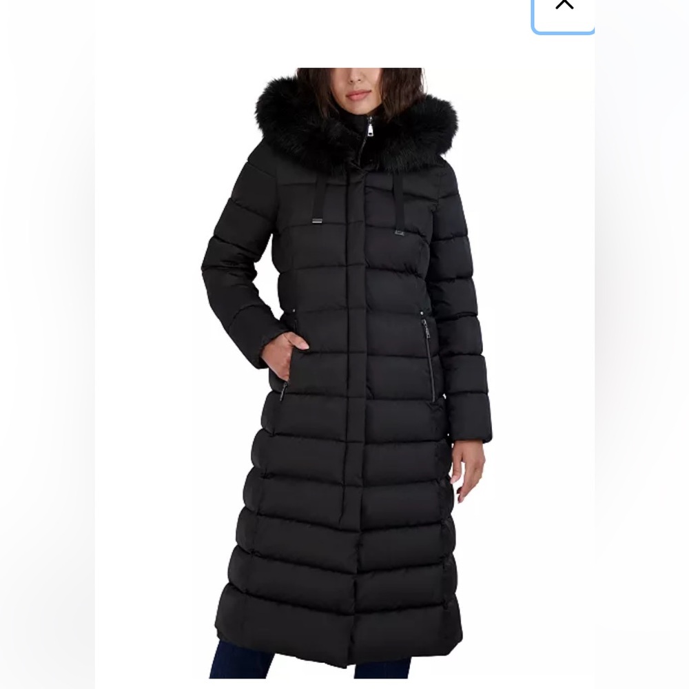 Tahari Black Long Puffer Coat with Quilted Design